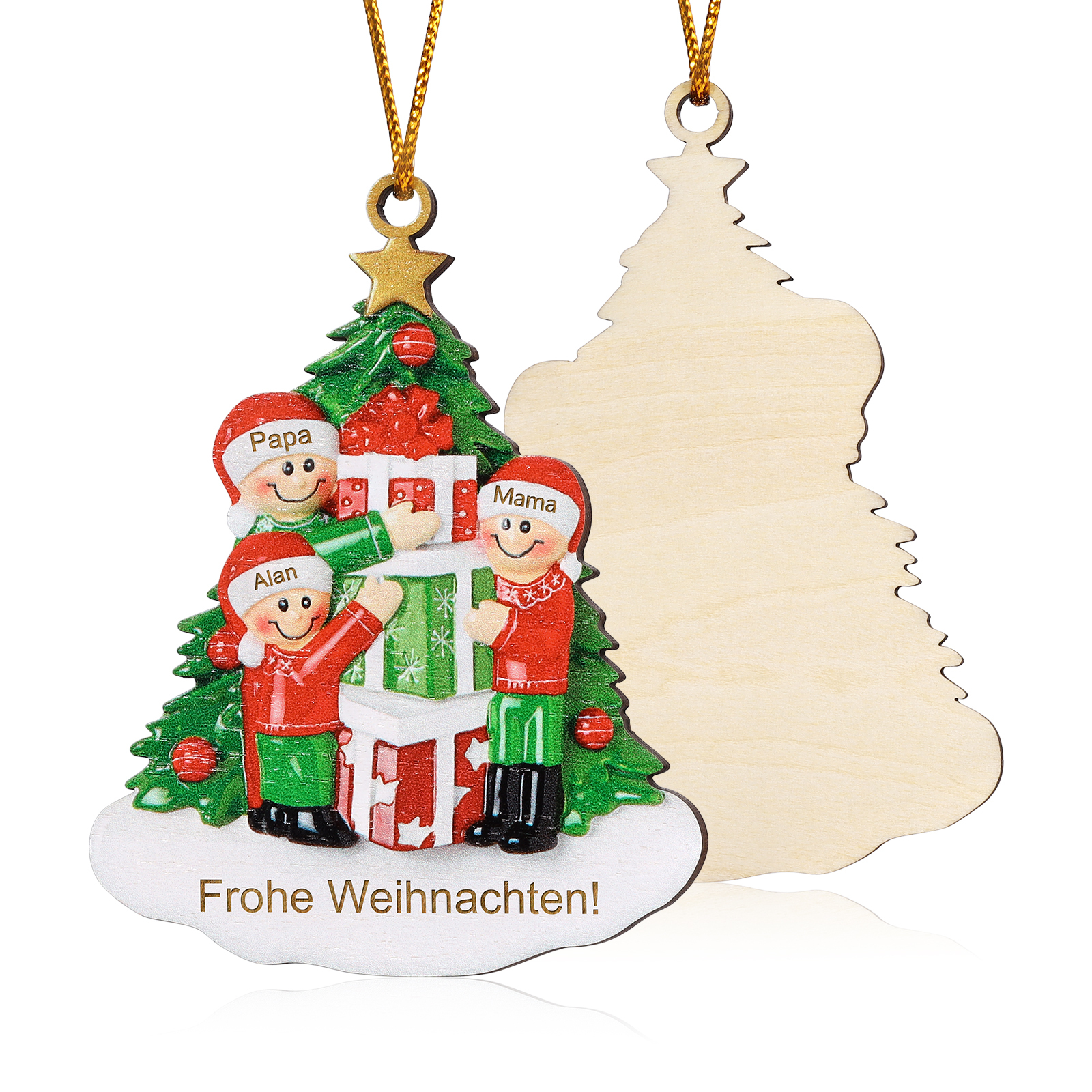 Holz Weihnachtsornament-Personalisiertes 2-5 Namen & Text Familie mit Weihnachtsbaum & Geschenken Weihnachts-Ahhänger 