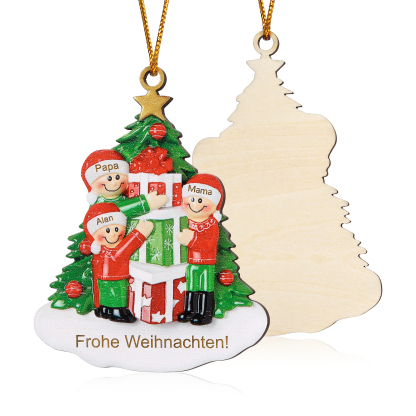 Holz Weihnachtsornament-Personalisiertes 2-5 Namen & Text Familie mit Weihnachtsbaum & Geschenken Weihnachts-Ahhänger 