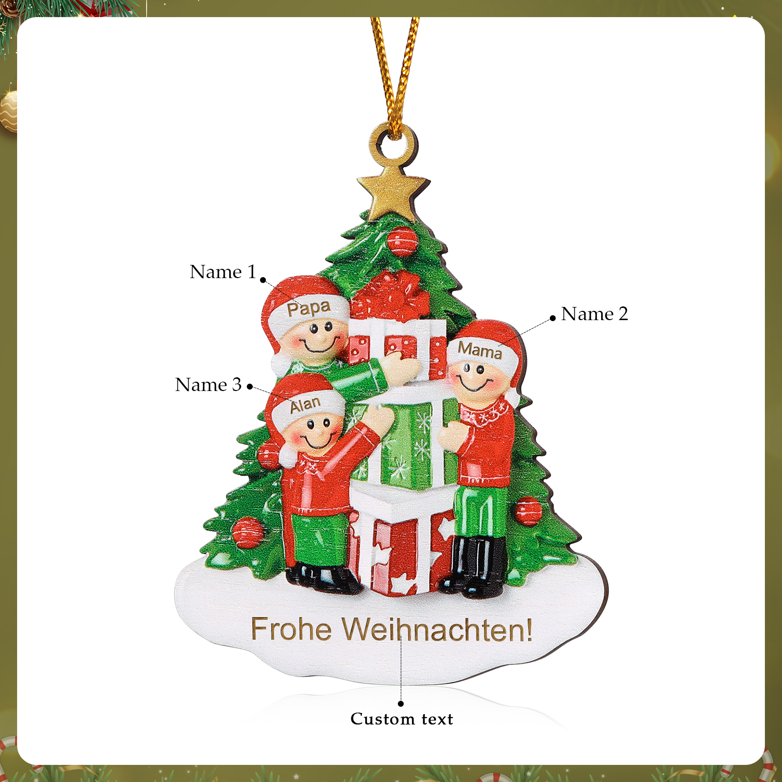 Holz Weihnachtsornament-Personalisiertes 2-5 Namen & Text Familie mit Weihnachtsbaum & Geschenken Weihnachts-Ahhänger 
