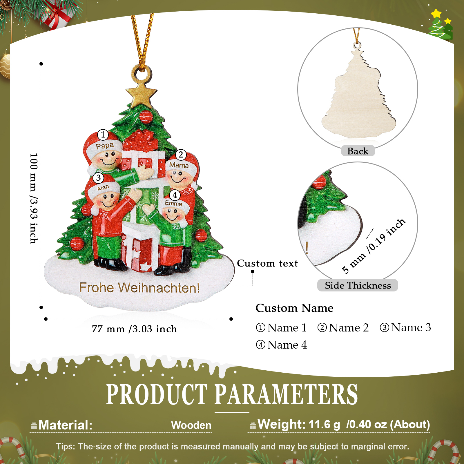 Holz Weihnachtsornament-Personalisiertes 2-5 Namen & Text Familie mit Weihnachtsbaum & Geschenken Weihnachts-Ahhänger 