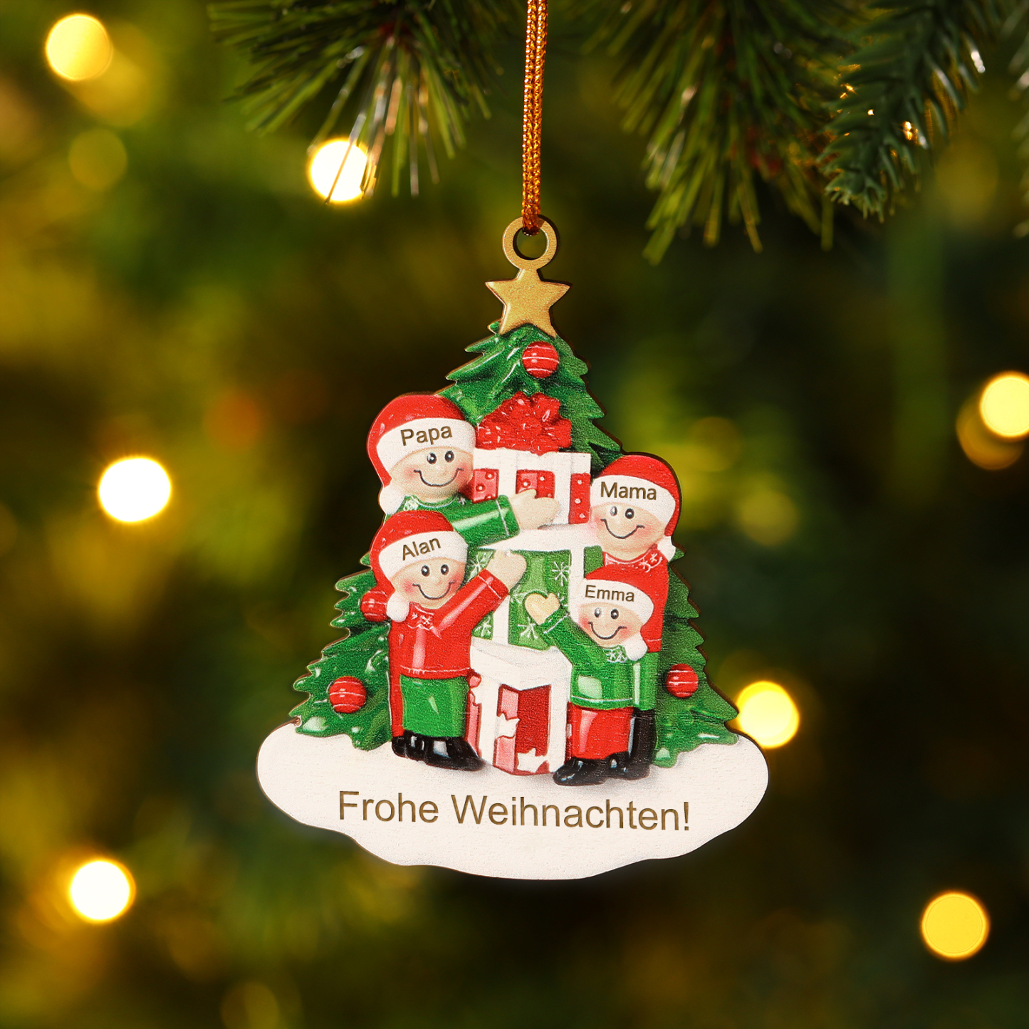 Holz Weihnachtsornament-Personalisiertes 2-5 Namen & Text Familie mit Weihnachtsbaum & Geschenken Weihnachts-Ahhänger