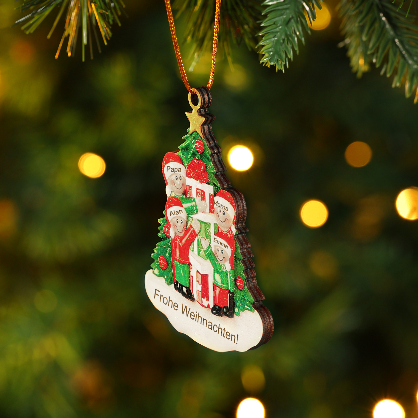Holz Weihnachtsornament-Personalisiertes 2-5 Namen & Text Familie mit Weihnachtsbaum & Geschenken Weihnachts-Ahhänger