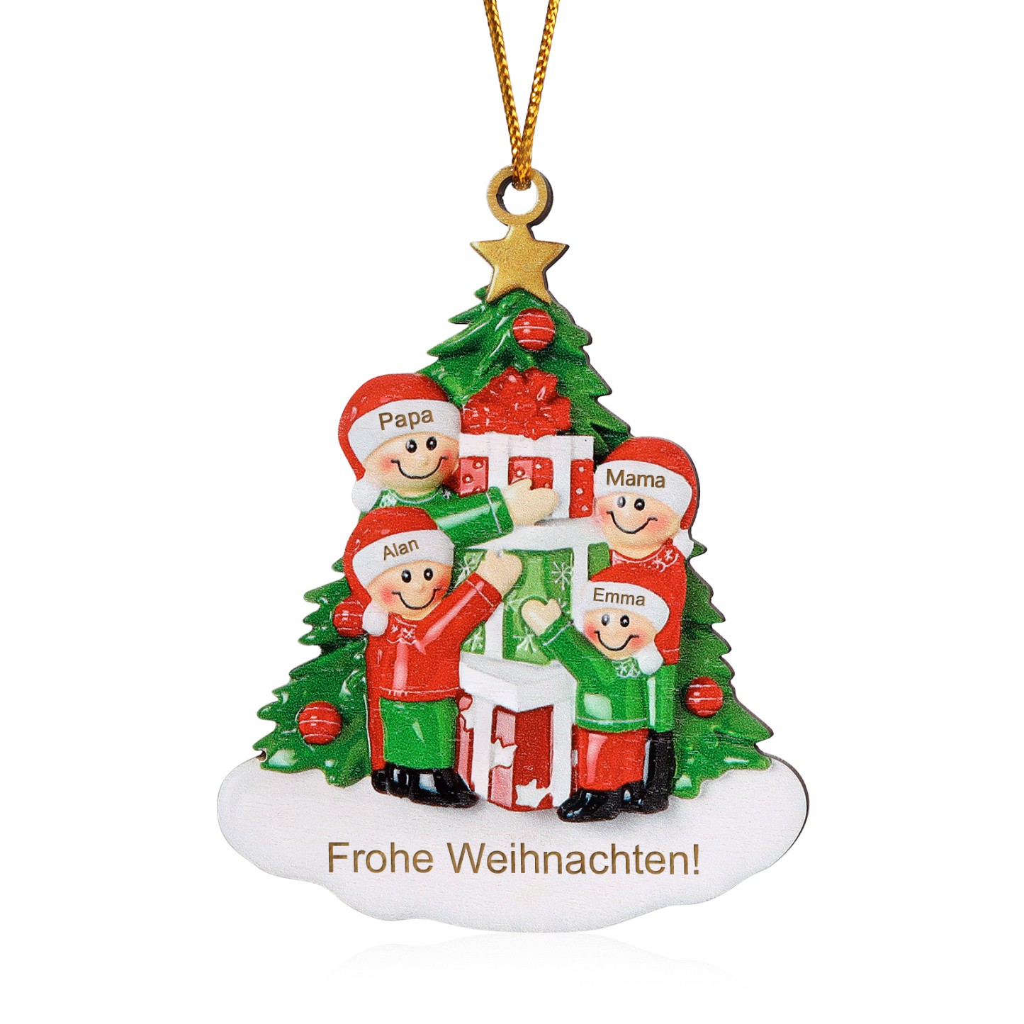 Holz Weihnachtsornament-Personalisiertes 2-5 Namen & Text Familie mit Weihnachtsbaum & Geschenken Weihnachts-Ahhänger