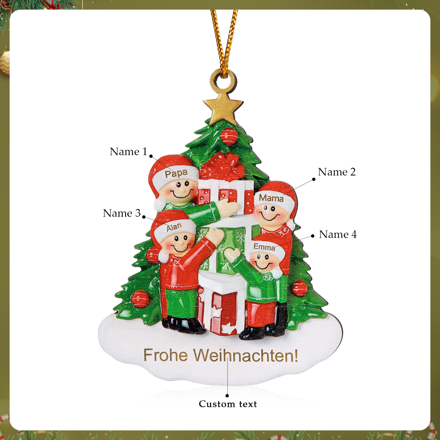 Holz Weihnachtsornament-Personalisiertes 2-5 Namen & Text Familie mit Weihnachtsbaum & Geschenken Weihnachts-Ahhänger