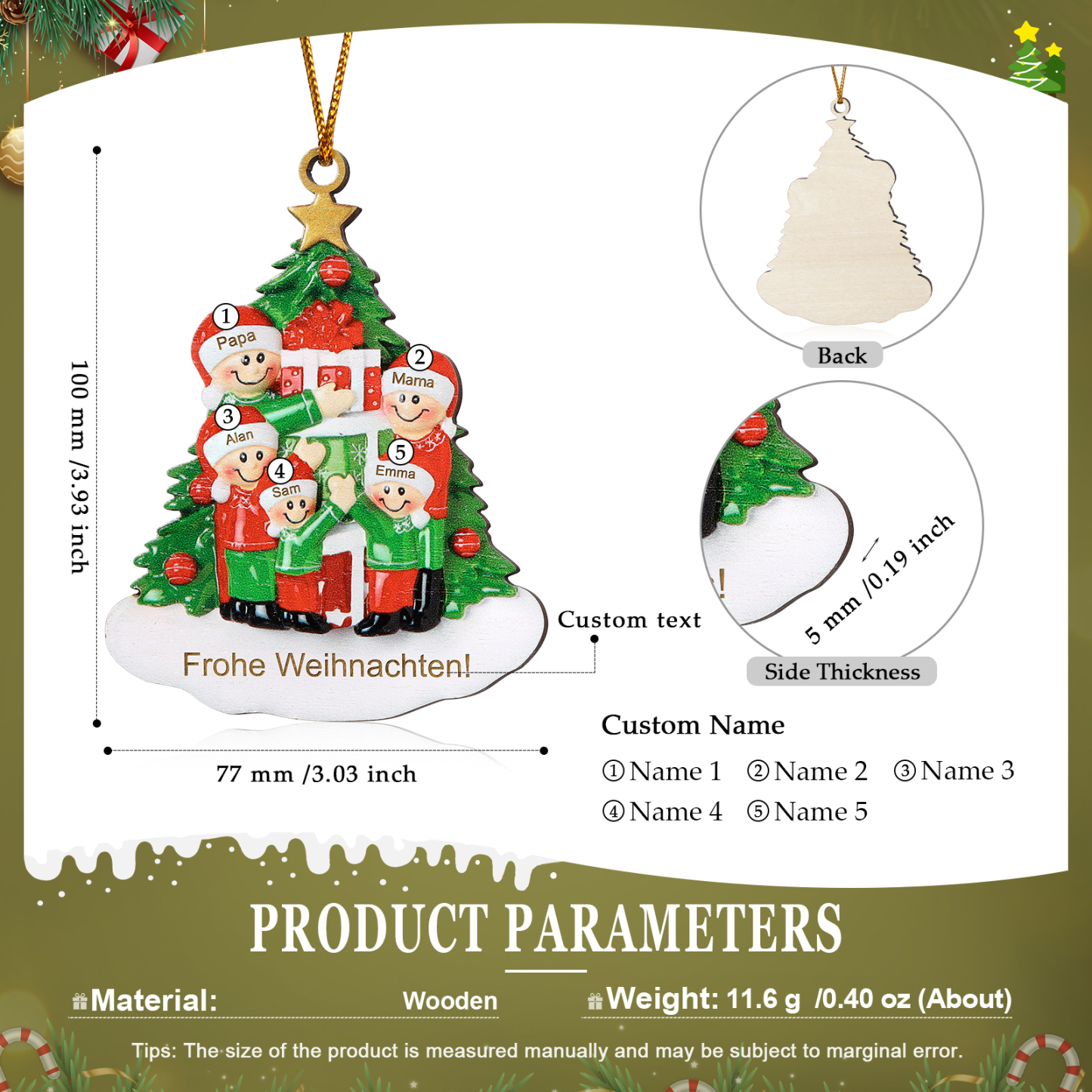 Holz Weihnachtsornament-Personalisiertes 2-5 Namen & Text Familie mit Weihnachtsbaum & Geschenken Weihnachts-Ahhänger