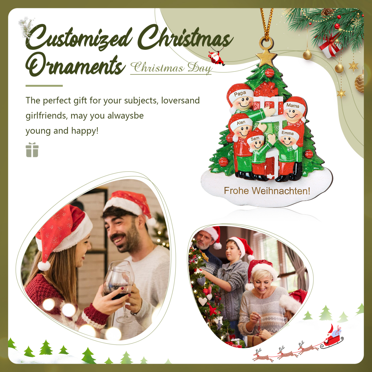 Holz Weihnachtsornament-Personalisiertes 2-5 Namen & Text Familie mit Weihnachtsbaum & Geschenken Weihnachts-Ahhänger