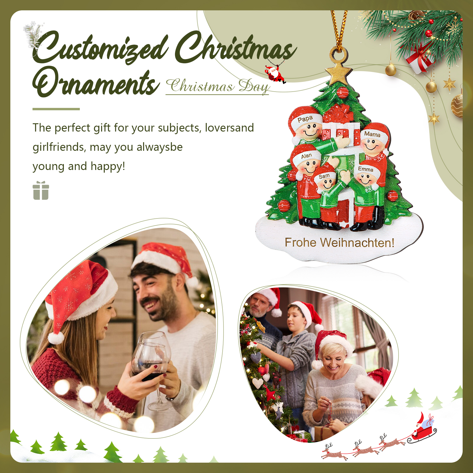 Holz Weihnachtsornament-Personalisiertes 2-5 Namen & Text Familie mit Weihnachtsbaum & Geschenken Weihnachts-Ahhänger