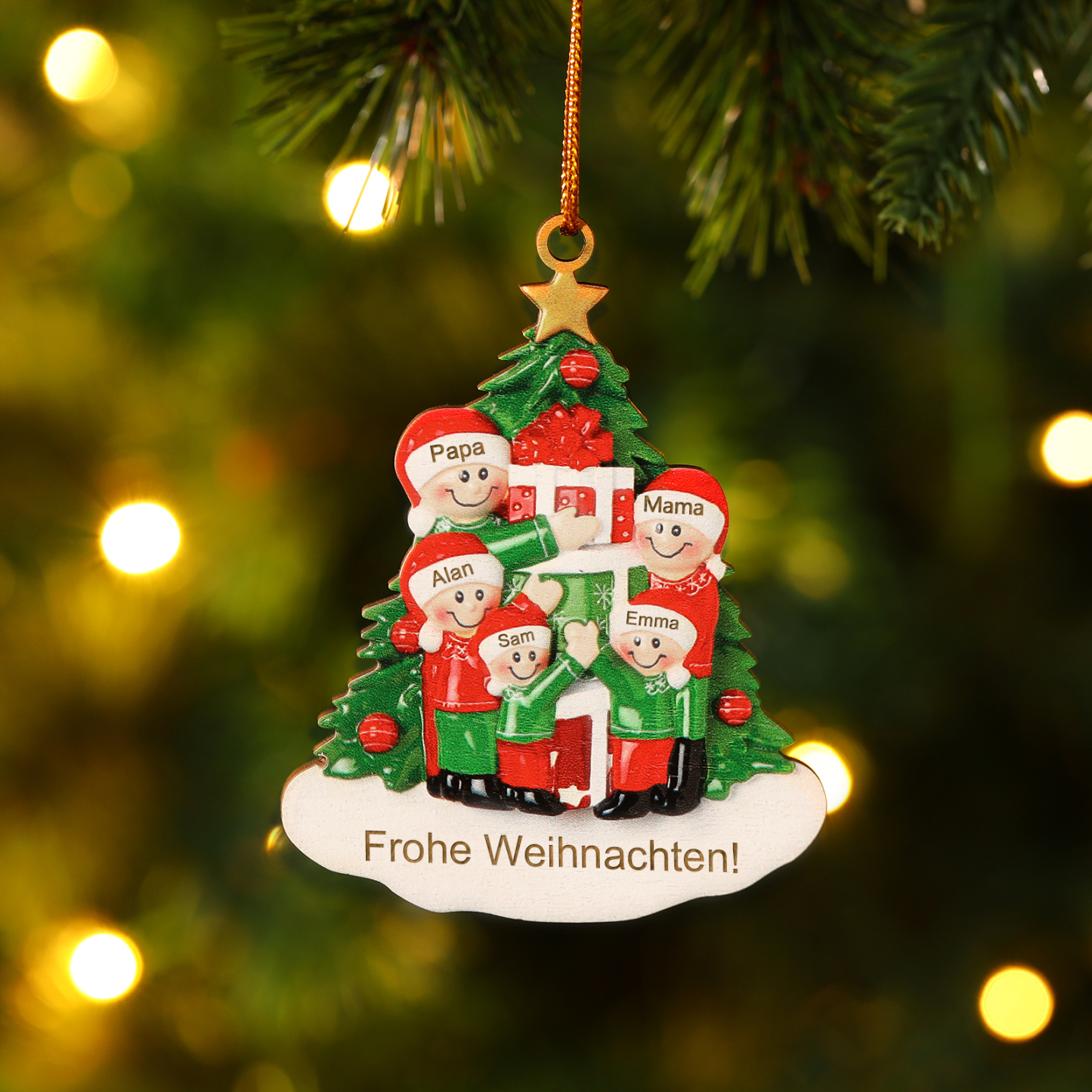 Holz Weihnachtsornament-Personalisiertes 2-5 Namen & Text Familie mit Weihnachtsbaum & Geschenken Weihnachts-Ahhänger