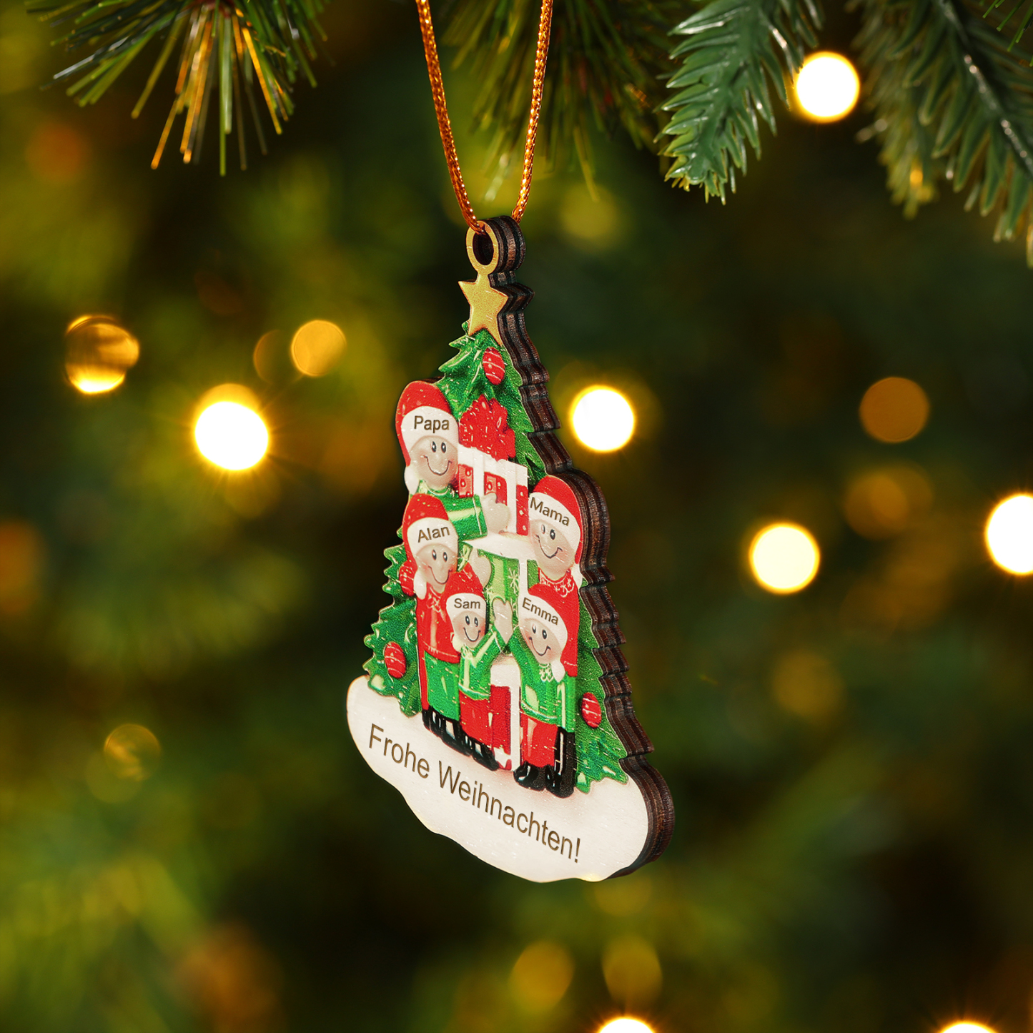 Holz Weihnachtsornament-Personalisiertes 2-5 Namen & Text Familie mit Weihnachtsbaum & Geschenken Weihnachts-Ahhänger