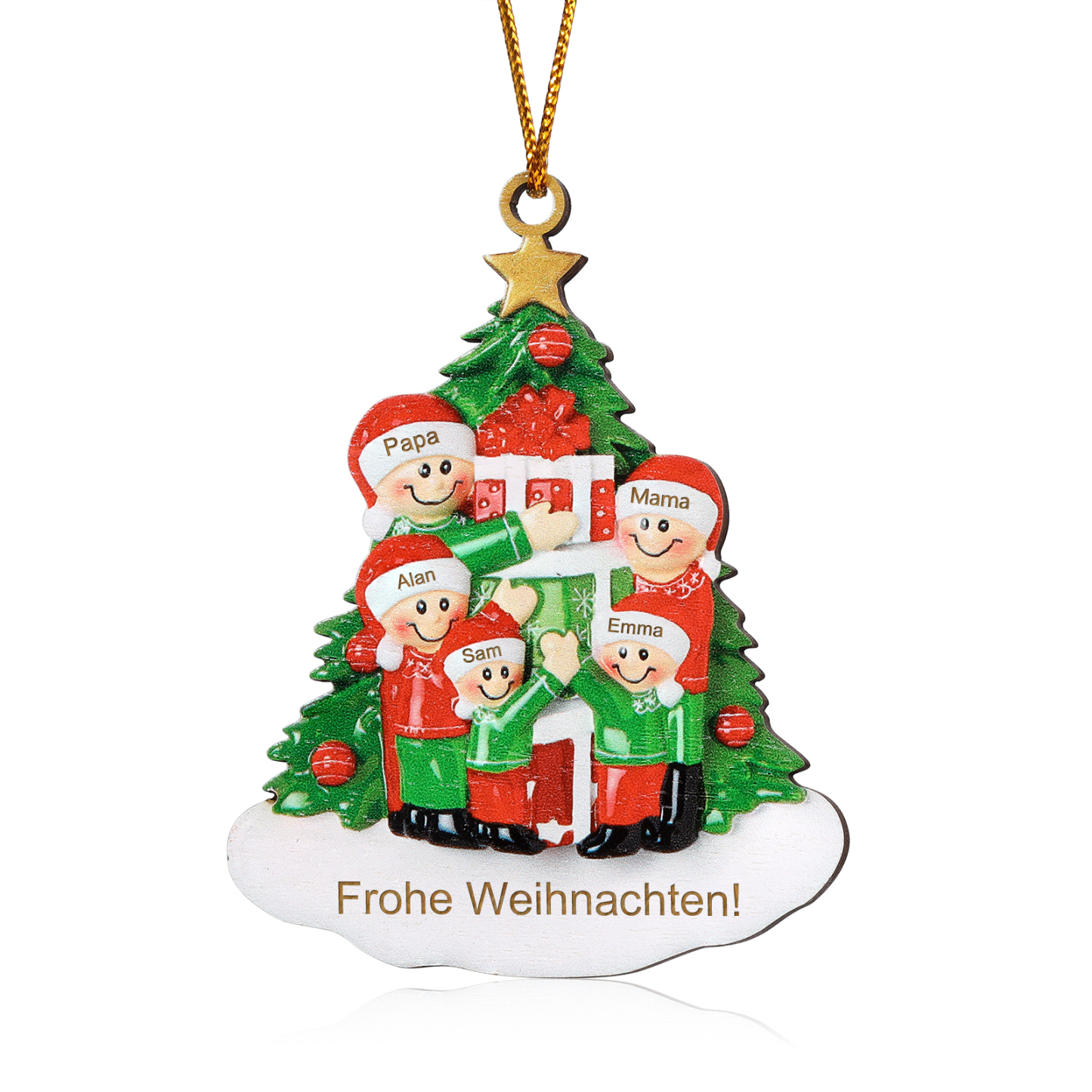 Holz Weihnachtsornament-Personalisiertes 2-5 Namen & Text Familie mit Weihnachtsbaum & Geschenken Weihnachts-Ahhänger