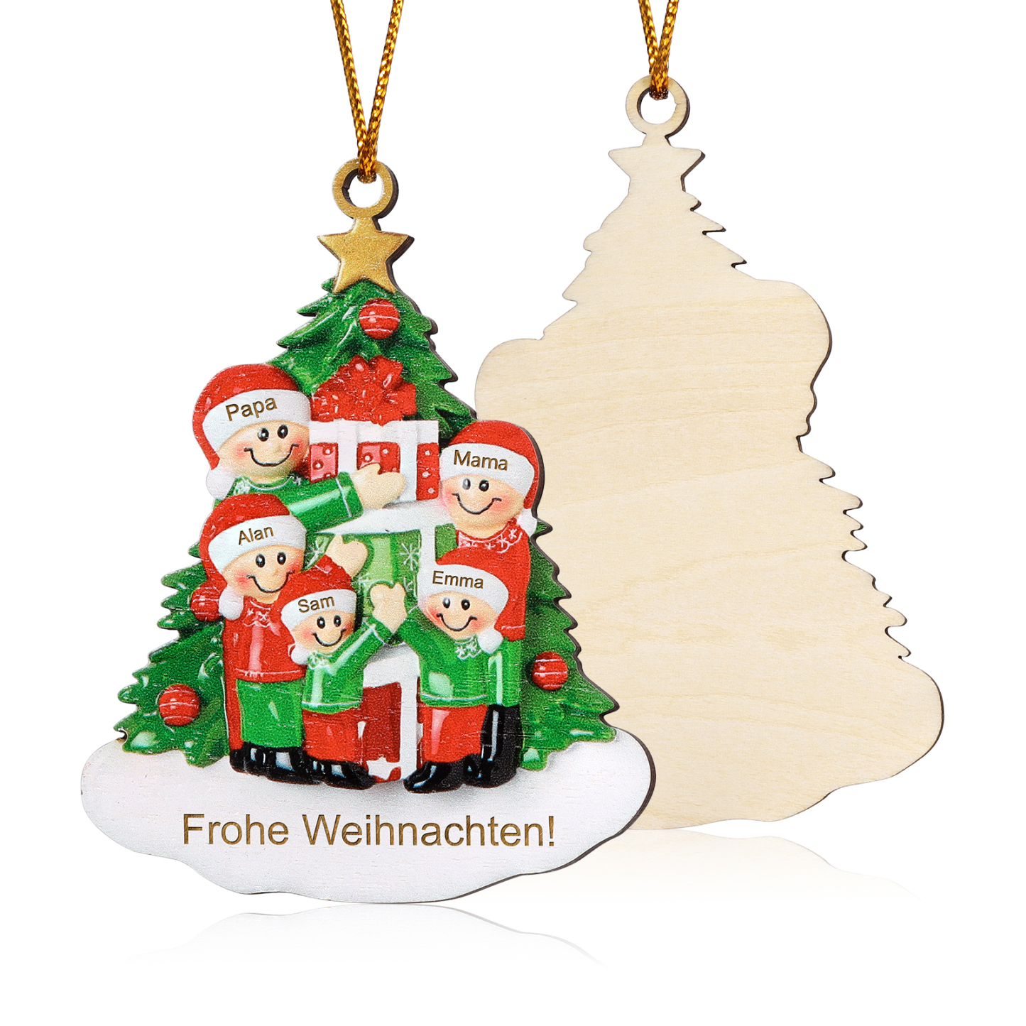 Holz Weihnachtsornament-Personalisiertes 2-5 Namen & Text Familie mit Weihnachtsbaum & Geschenken Weihnachts-Ahhänger