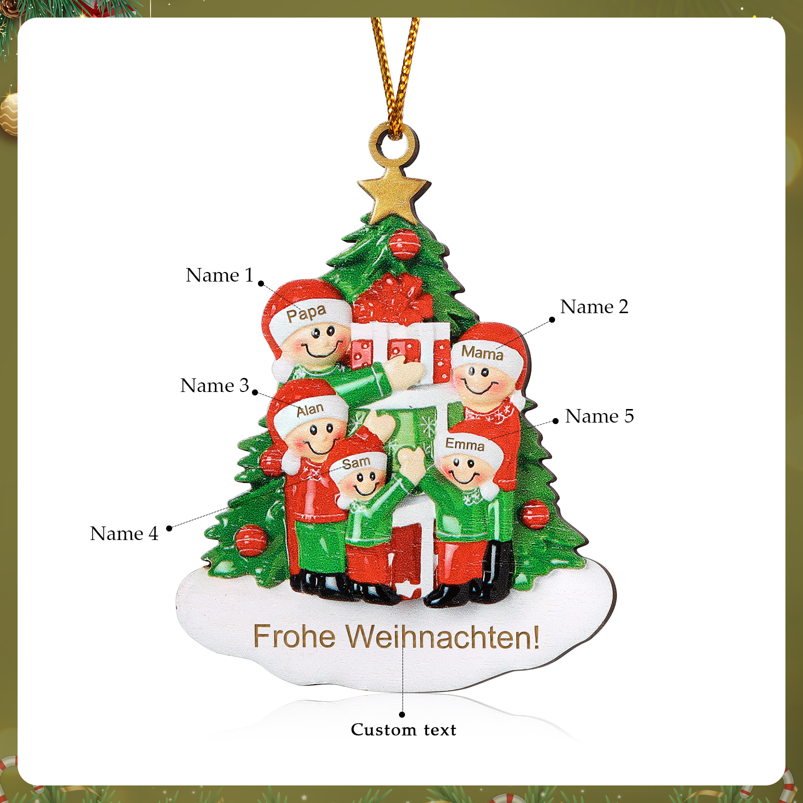 Holz Weihnachtsornament-Personalisiertes 2-5 Namen & Text Familie mit Weihnachtsbaum & Geschenken Weihnachts-Ahhänger 