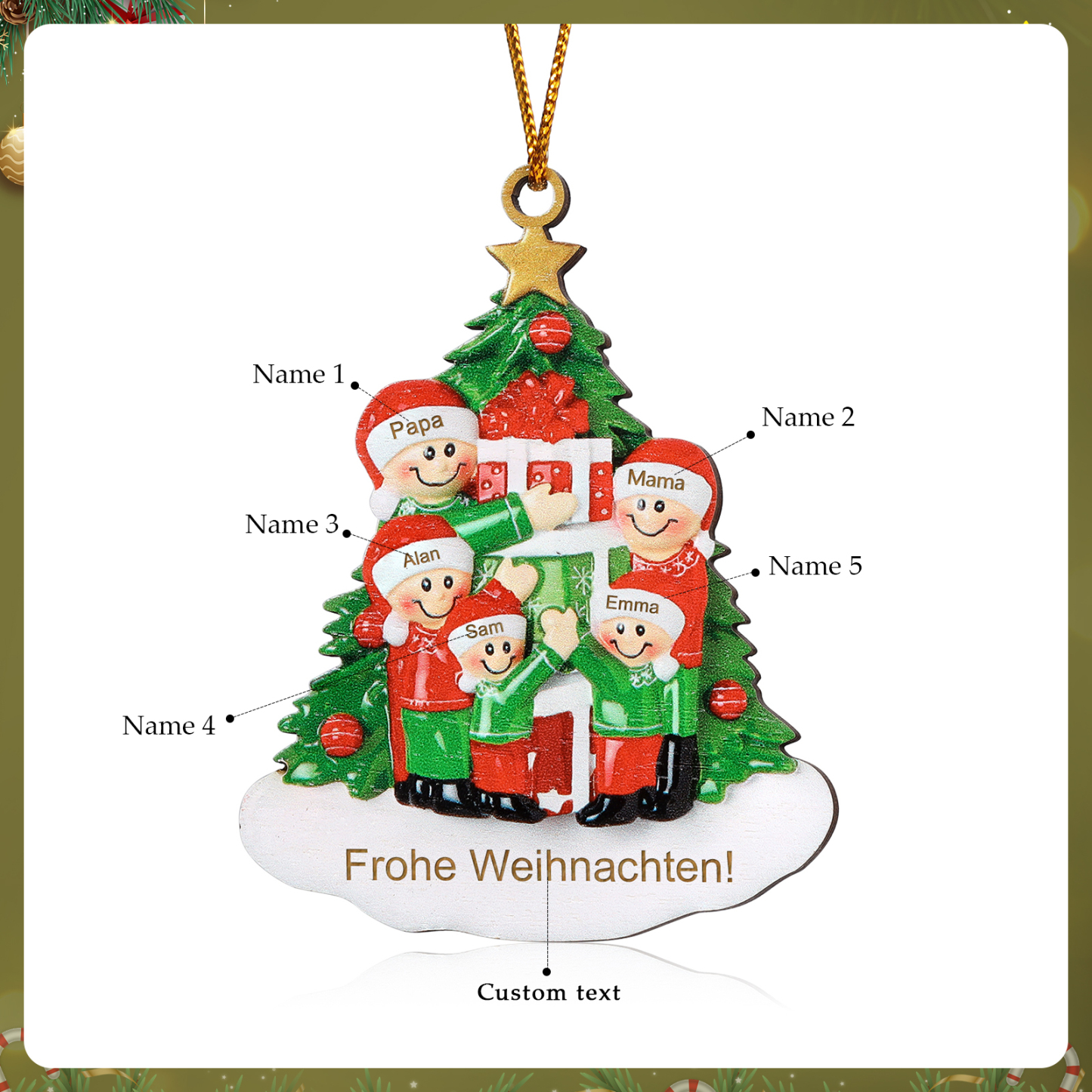 Holz Weihnachtsornament-Personalisiertes 2-5 Namen & Text Familie mit Weihnachtsbaum & Geschenken Weihnachts-Ahhänger