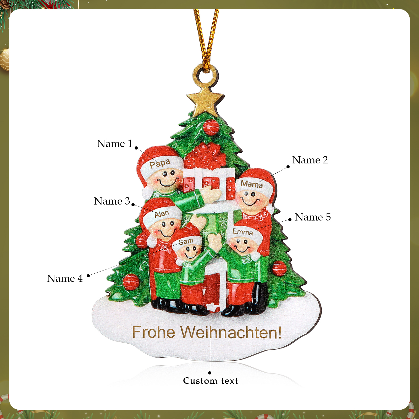 Holz Weihnachtsornament-Personalisiertes 2-5 Namen & Text Familie mit Weihnachtsbaum & Geschenken Weihnachts-Ahhänger 