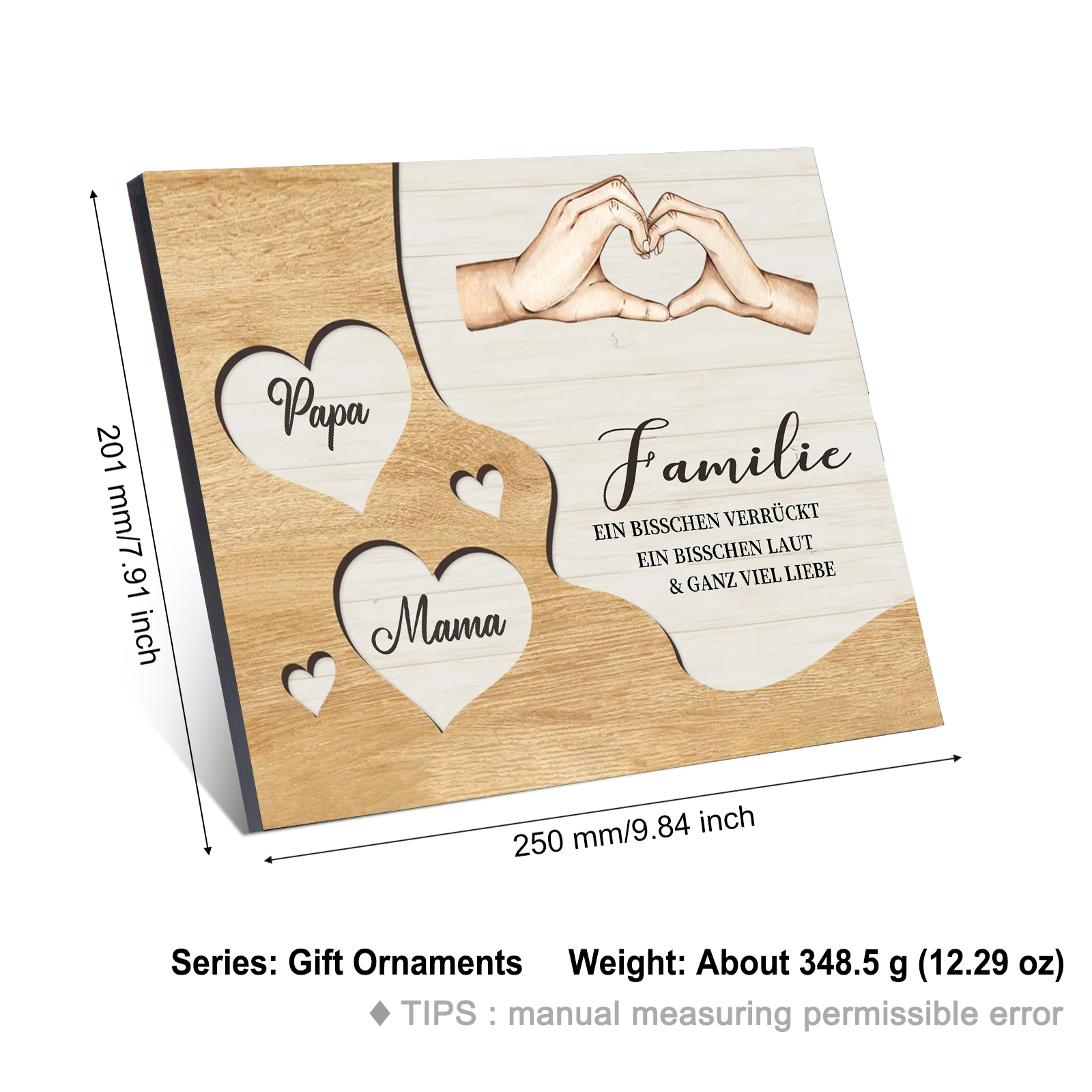 Familie Holzbild – Personalisierte 2 Namen Herzform Hand-Geste Holzdekoration Geschenk für Familie
