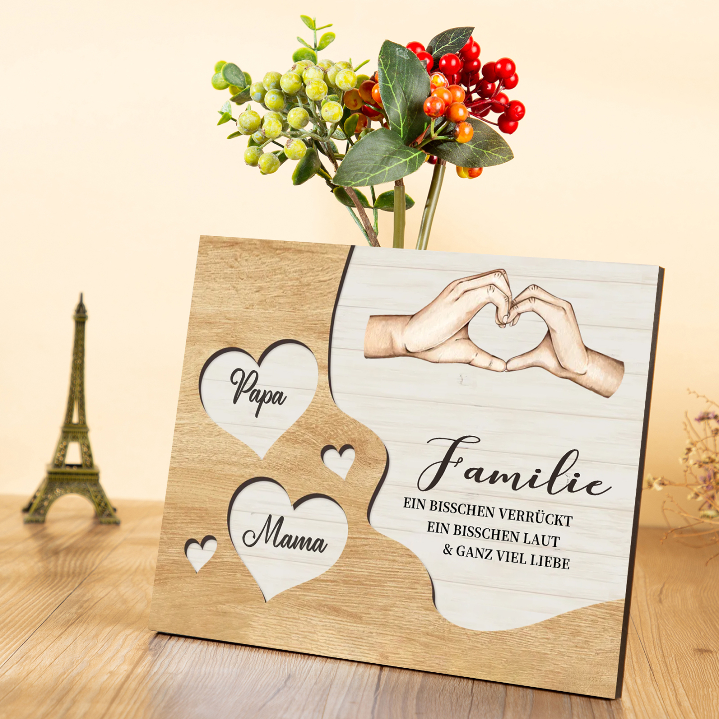 Familie Holzbild – Personalisierte 2 Namen Herzform Hand-Geste Holzdekoration Geschenk für Familie