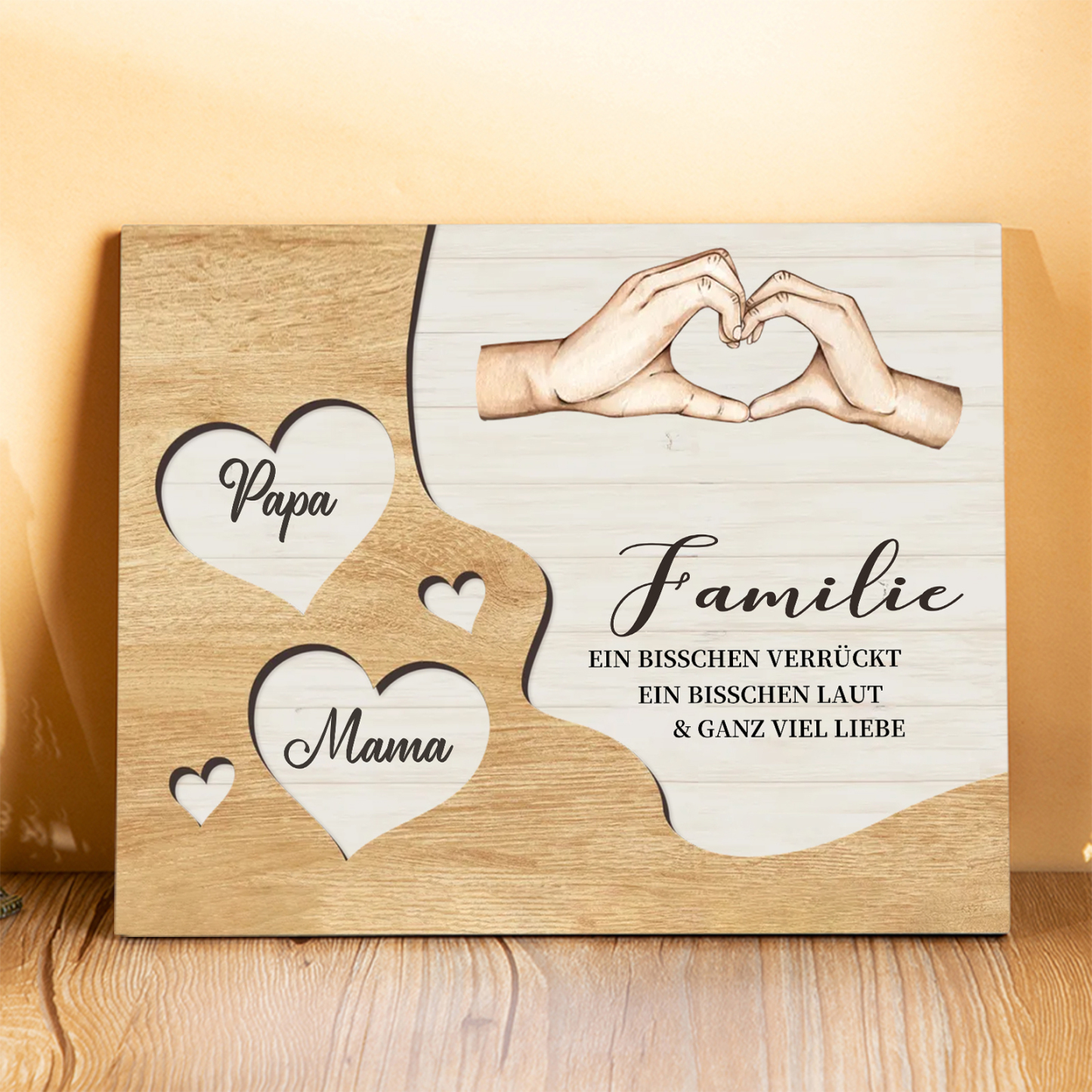 Familie Holzbild – Personalisierte 2 Namen Herzform Hand-Geste Holzdekoration Geschenk für Familie
