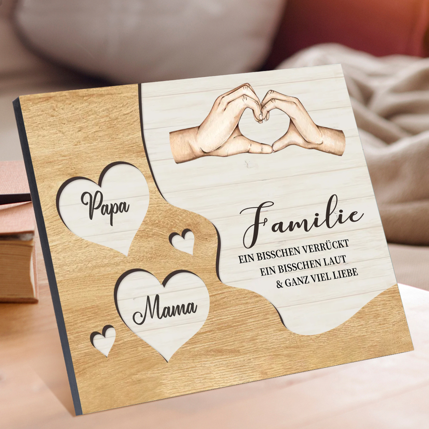 Familie Holzbild – Personalisierte 2 Namen Herzform Hand-Geste Holzdekoration Geschenk für Familie