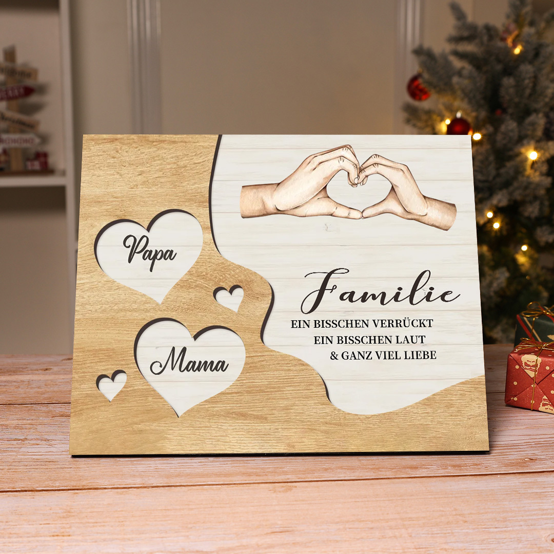 Familie Holzbild – Personalisierte 2 Namen Herzform Hand-Geste Holzdekoration Geschenk für Familie