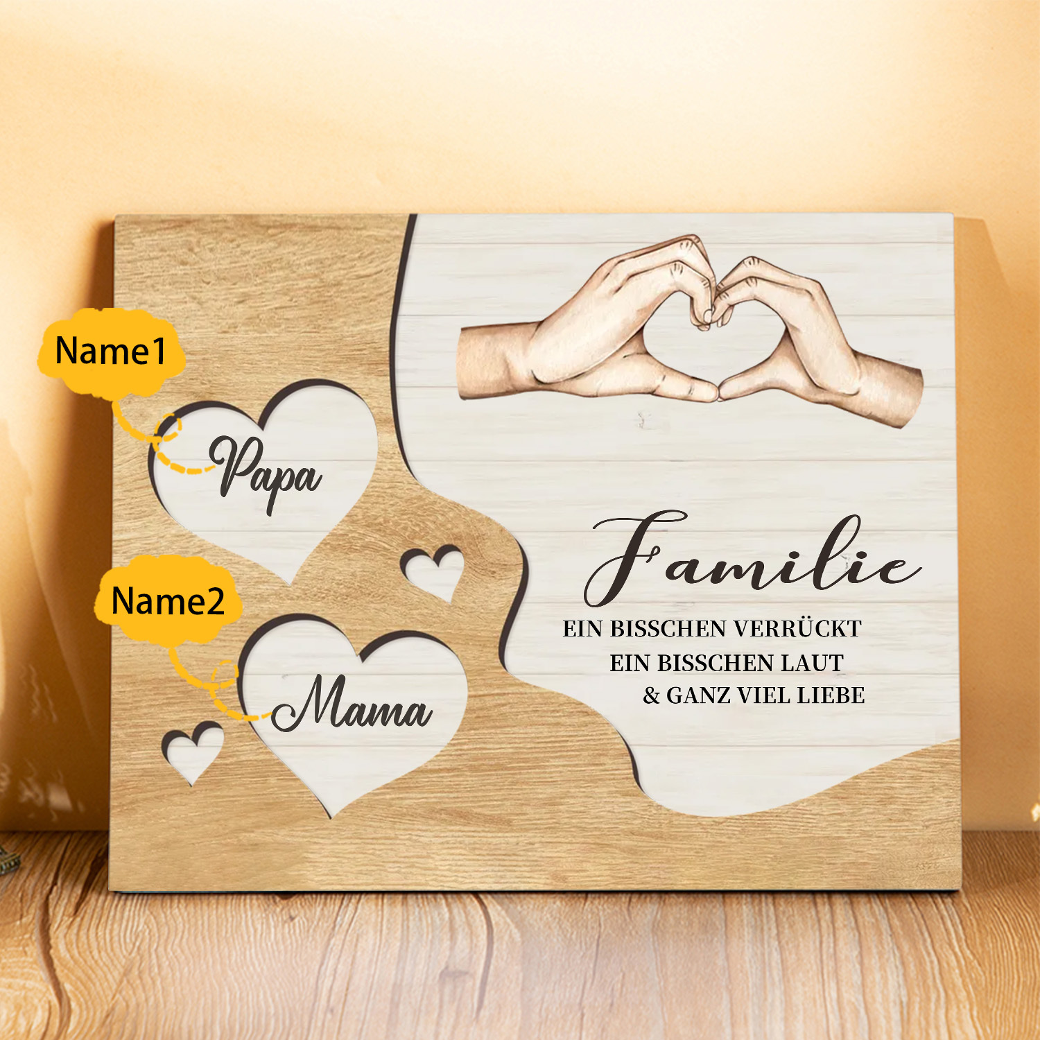 Familie Holzbild – Personalisierte 2 Namen Herzform Hand-Geste Holzdekoration Geschenk für Familie