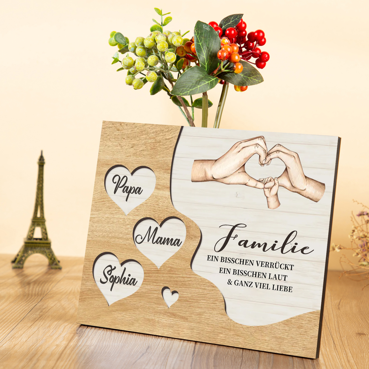 Familie Holzbild – Personalisierte 3 Namen Herzform Hand-Geste Holzdekoration Geschenk für Familie