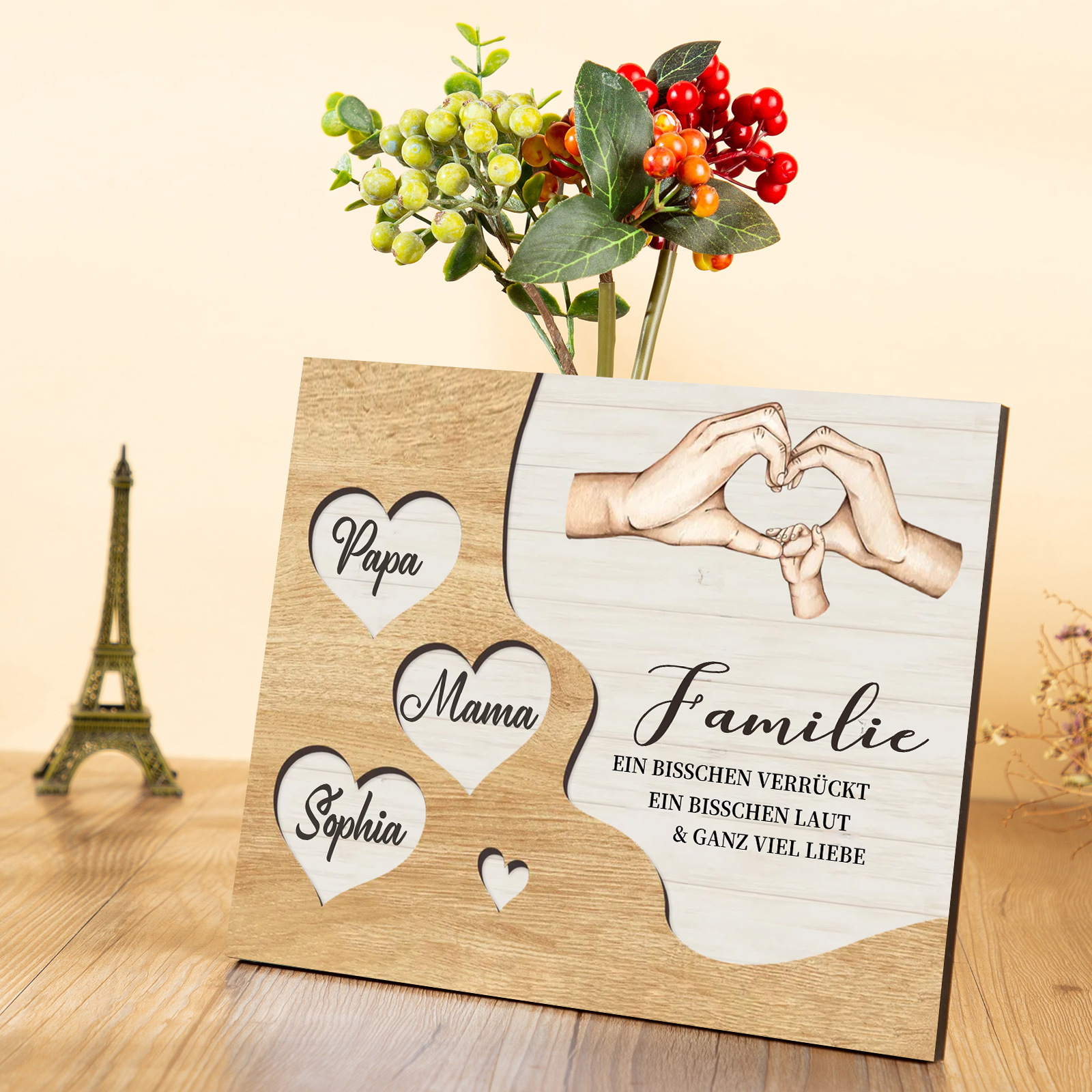 Familie Holzbild – Personalisierte 3 Namen Herzform Hand-Geste Holzdekoration Geschenk für Familie