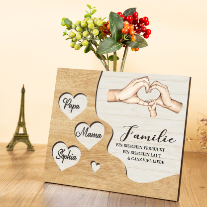 Familie Holzbild – Personalisierte 3 Namen Herzform Hand-Geste Holzdekoration Geschenk für Familie