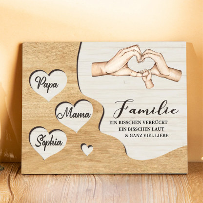 Familie Holzbild – Personalisierte 3 Namen Herzform Hand-Geste Holzdekoration Geschenk für Familie