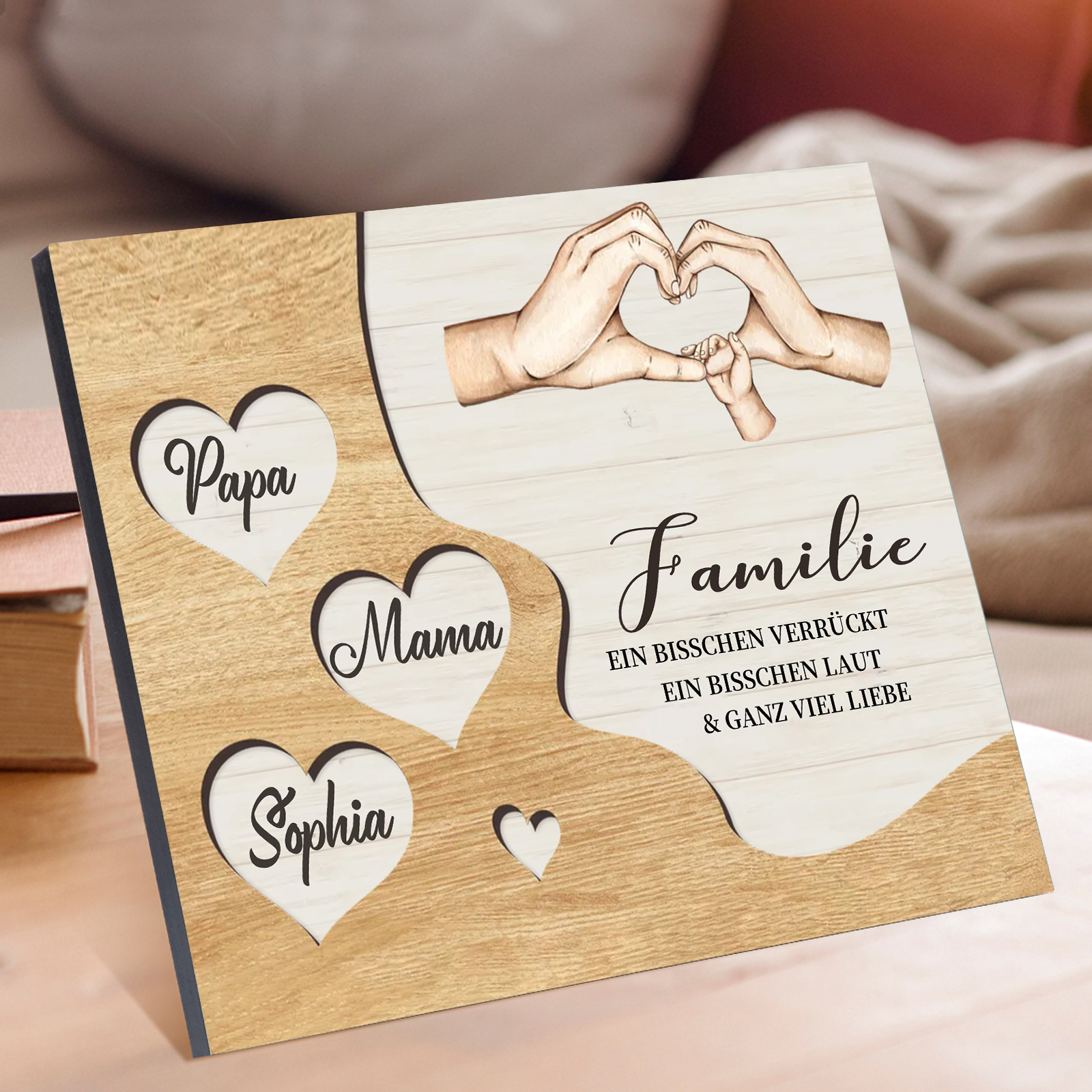 Familie Holzbild – Personalisierte 3 Namen Herzform Hand-Geste Holzdekoration Geschenk für Familie