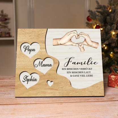Familie Holzbild – Personalisierte 3 Namen Herzform Hand-Geste Holzdekoration Geschenk für Familie