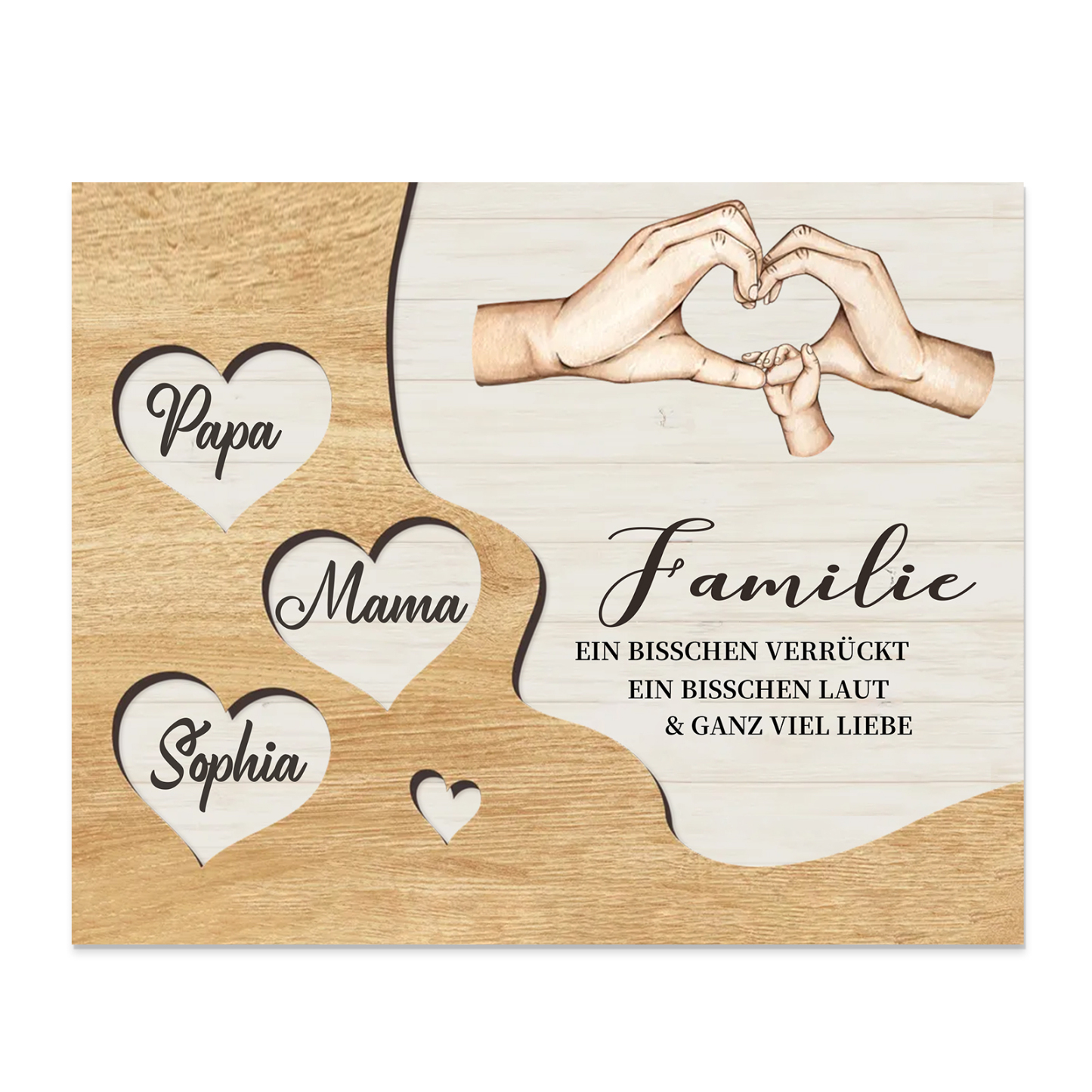 Familie Holzbild – Personalisierte 3 Namen Herzform Hand-Geste Holzdekoration Geschenk für Familie