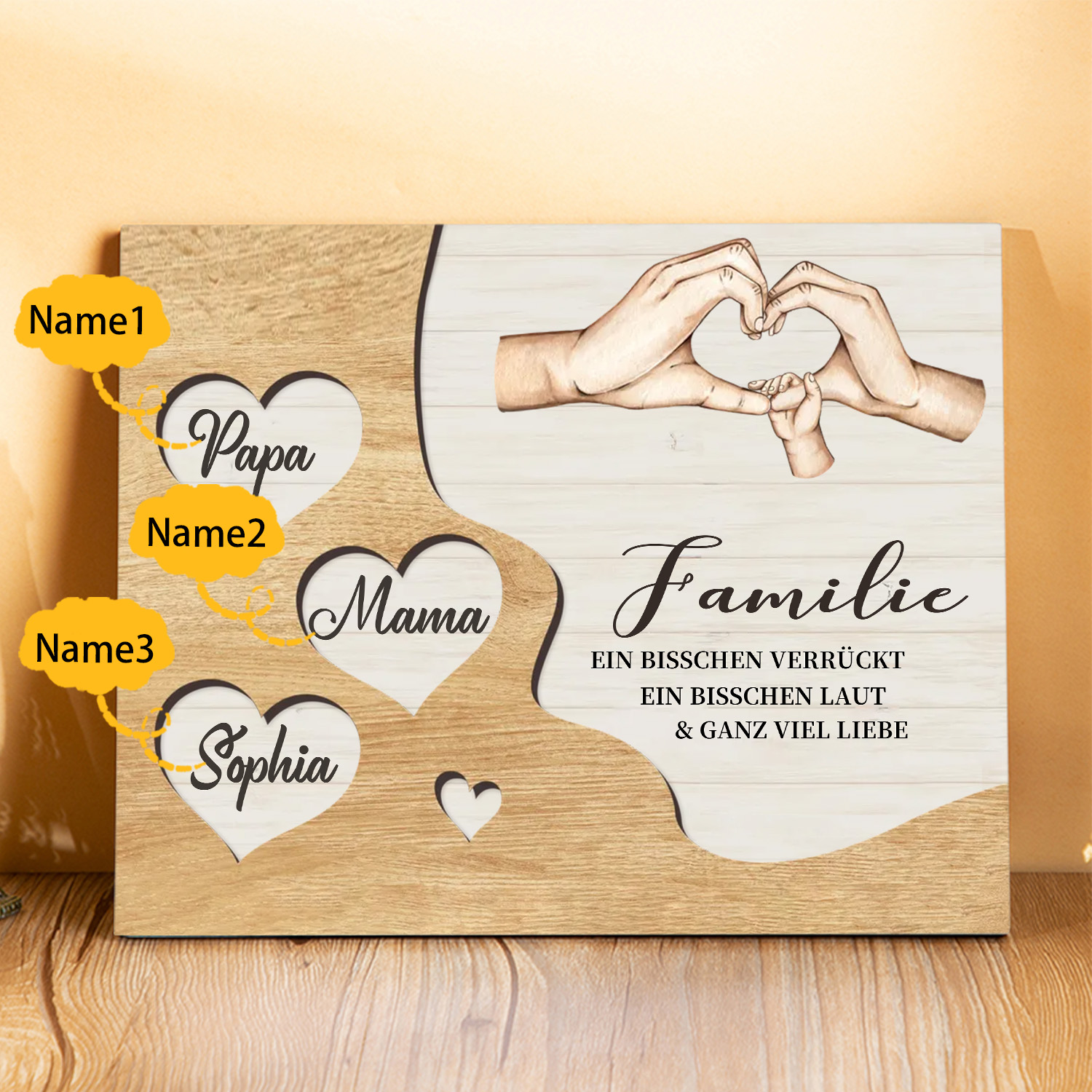 Familie Holzbild – Personalisierte 3 Namen Herzform Hand-Geste Holzdekoration Geschenk für Familie