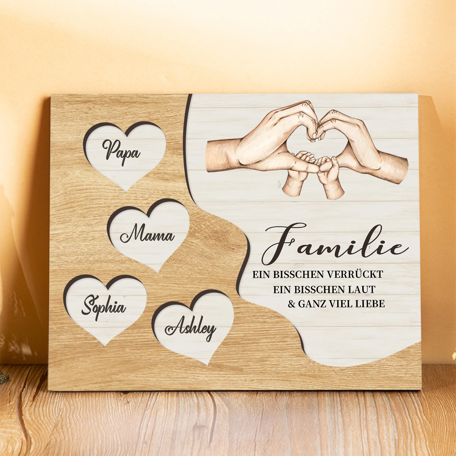 Familie Holzbild – Personalisierte 4 Namen Herzform Hand-Geste Holzdekoration Geschenk für Familie