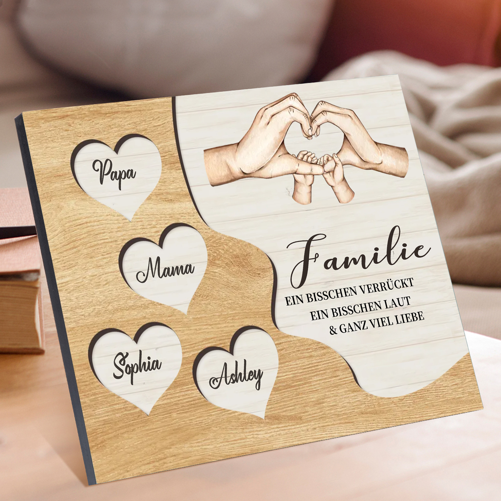 Familie Holzbild – Personalisierte 4 Namen Herzform Hand-Geste Holzdekoration Geschenk für Familie