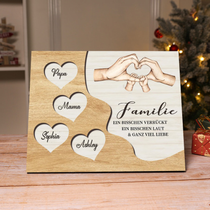 Familie Holzbild – Personalisierte 4 Namen Herzform Hand-Geste Holzdekoration Geschenk für Familie