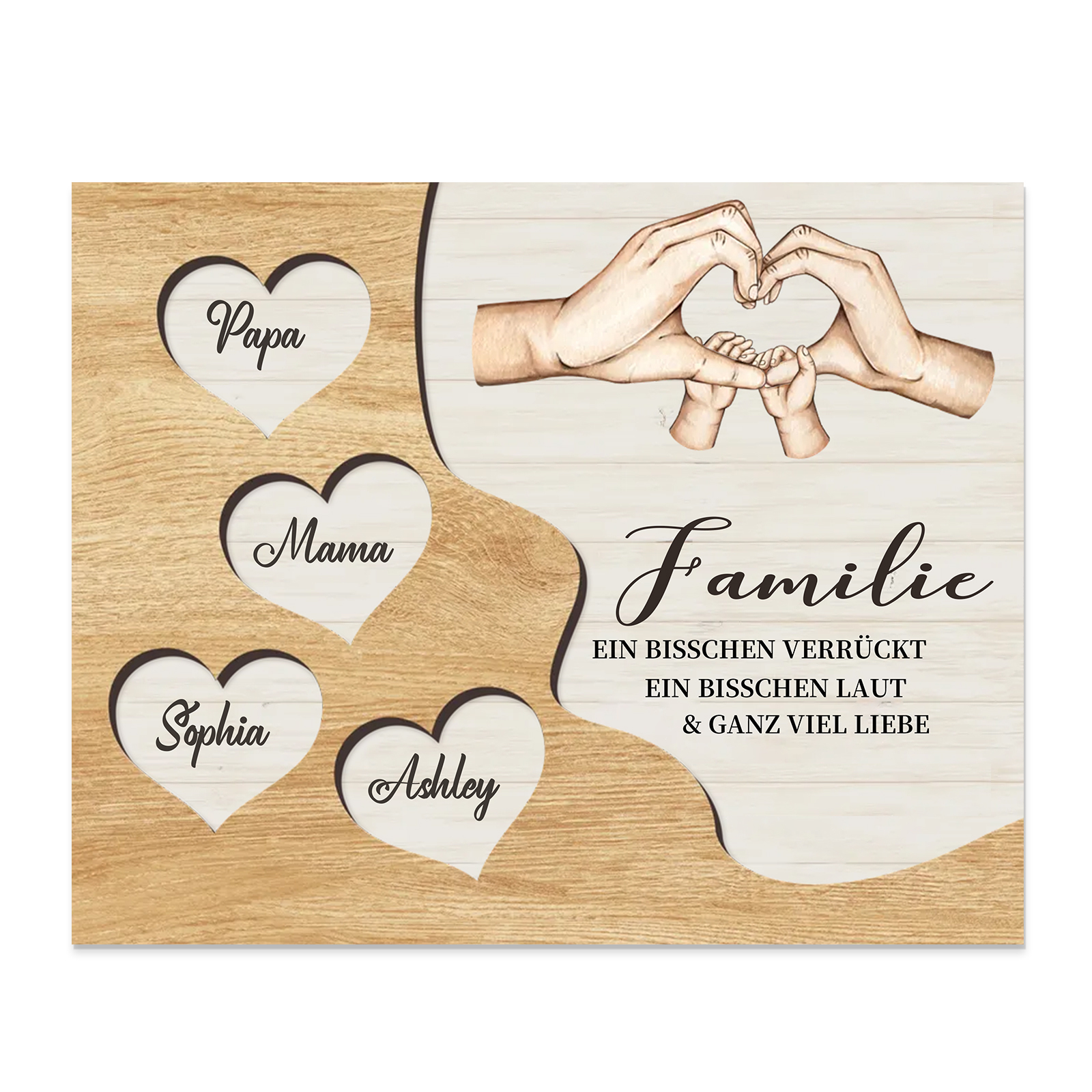 Familie Holzbild – Personalisierte 4 Namen Herzform Hand-Geste Holzdekoration Geschenk für Familie