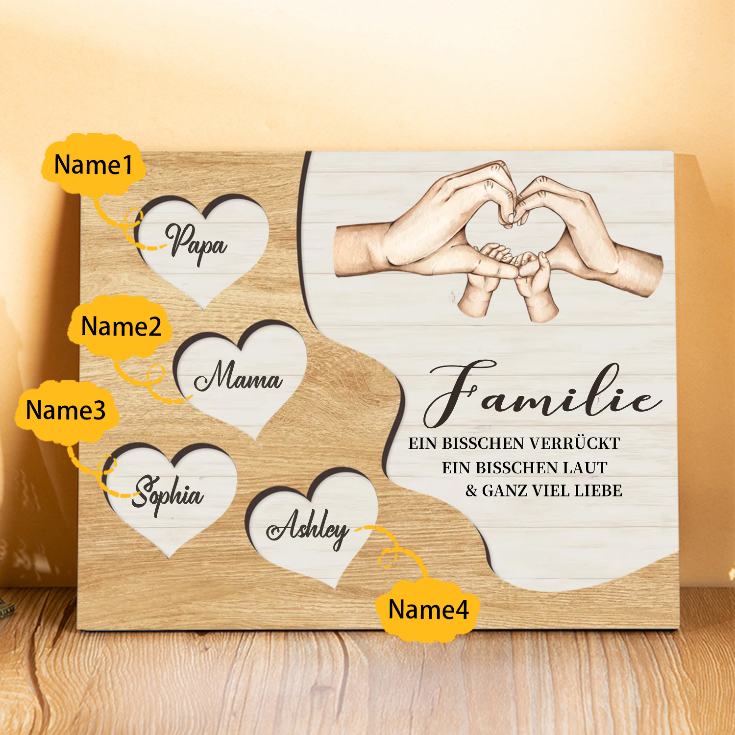 Familie Holzbild – Personalisierte 4 Namen Herzform Hand-Geste Holzdekoration Geschenk für Familie