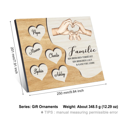 Familie Holzbild – Personalisierte 5 Namen Herzform Hand-Geste Holzdekoration Geschenk für Familie