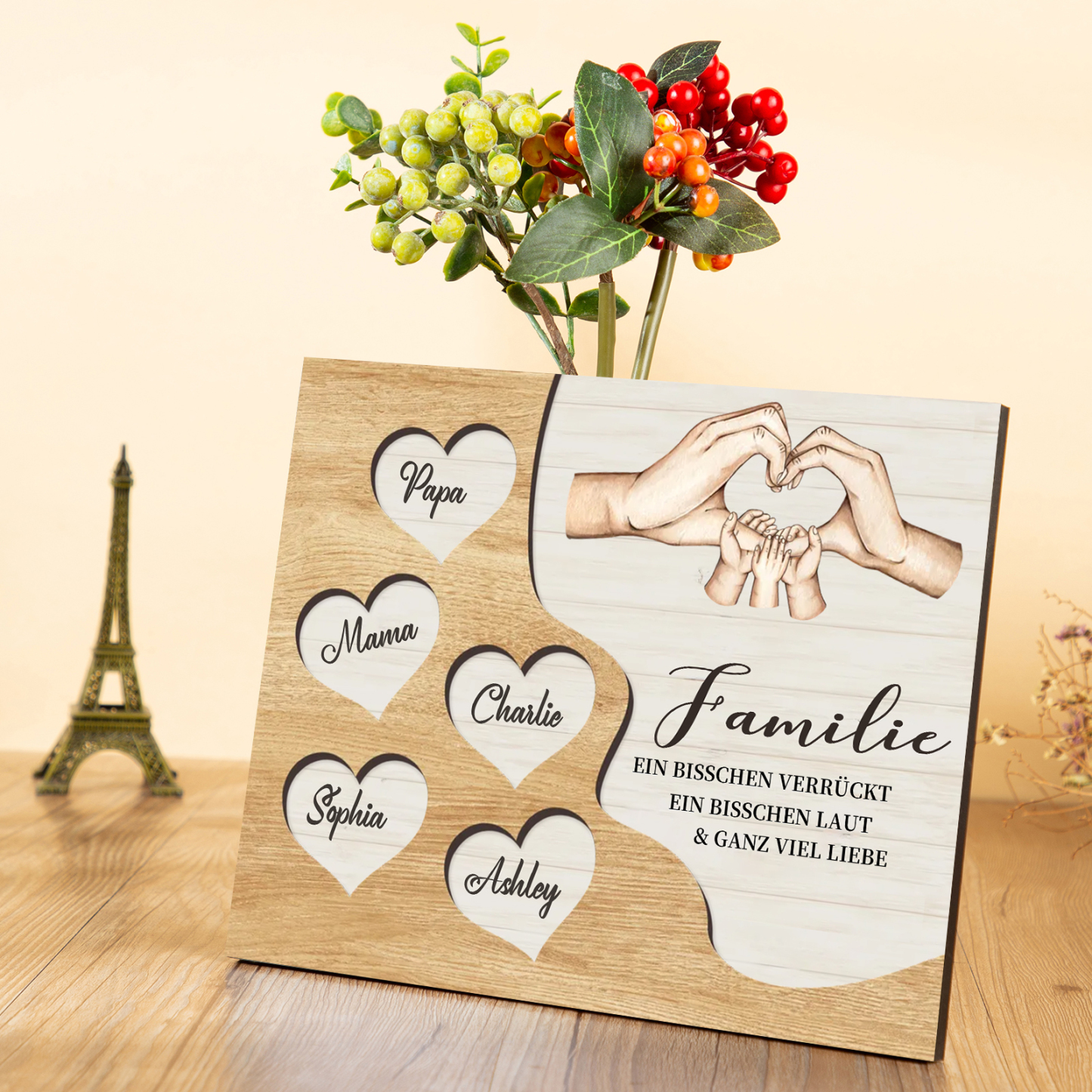 Familie Holzbild – Personalisierte 5 Namen Herzform Hand-Geste Holzdekoration Geschenk für Familie
