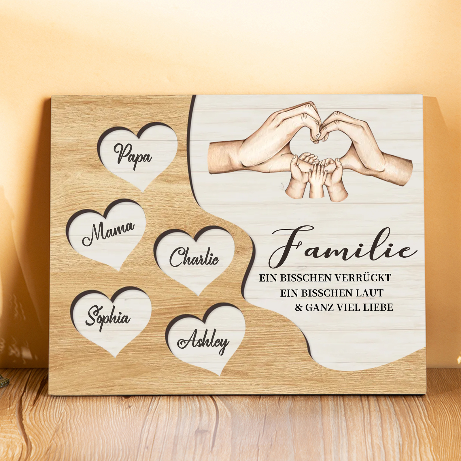 Familie Holzbild – Personalisierte 5 Namen Herzform Hand-Geste Holzdekoration Geschenk für Familie