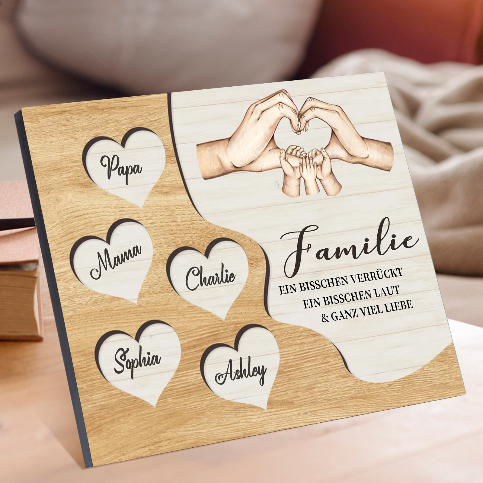 Familie Holzbild – Personalisierte 5 Namen Herzform Hand-Geste Holzdekoration Geschenk für Familie