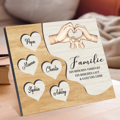 Familie Holzbild – Personalisierte 5 Namen Herzform Hand-Geste Holzdekoration Geschenk für Familie