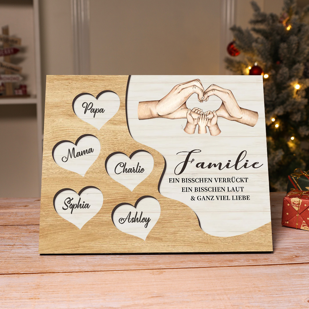 Familie Holzbild – Personalisierte 5 Namen Herzform Hand-Geste Holzdekoration Geschenk für Familie