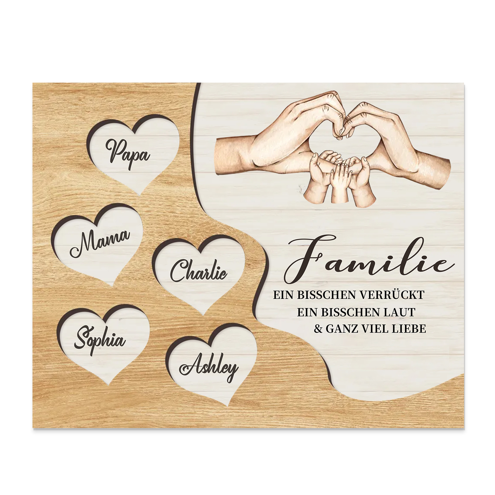 Familie Holzbild – Personalisierte 5 Namen Herzform Hand-Geste Holzdekoration Geschenk für Familie