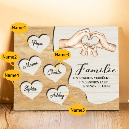 Familie Holzbild – Personalisierte 5 Namen Herzform Hand-Geste Holzdekoration Geschenk für Familie