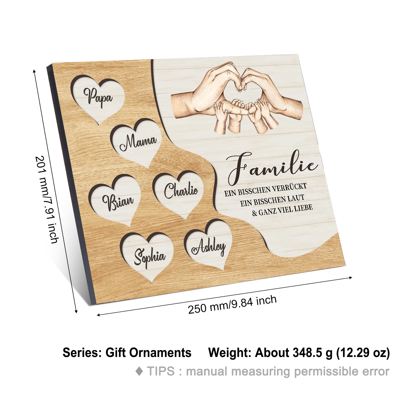 Familie Holzbild – Personalisierte 6 Namen Herzform Hand-Geste Holzdekoration Geschenk für Familie