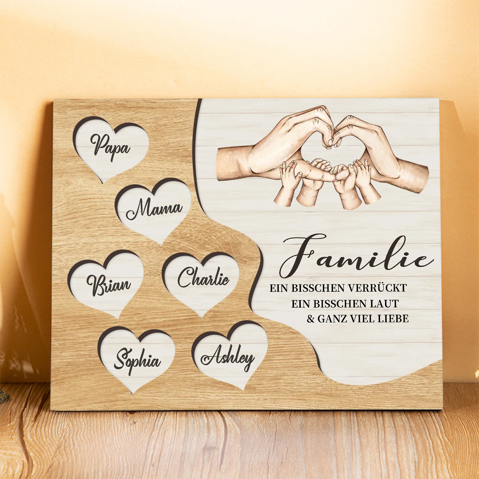 Familie Holzbild – Personalisierte 6 Namen Herzform Hand-Geste Holzdekoration Geschenk für Familie