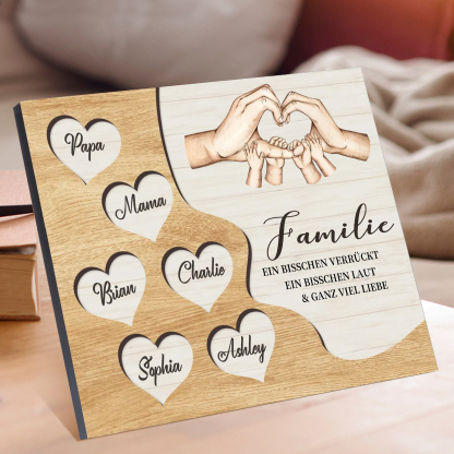 Familie Holzbild – Personalisierte 6 Namen Herzform Hand-Geste Holzdekoration Geschenk für Familie