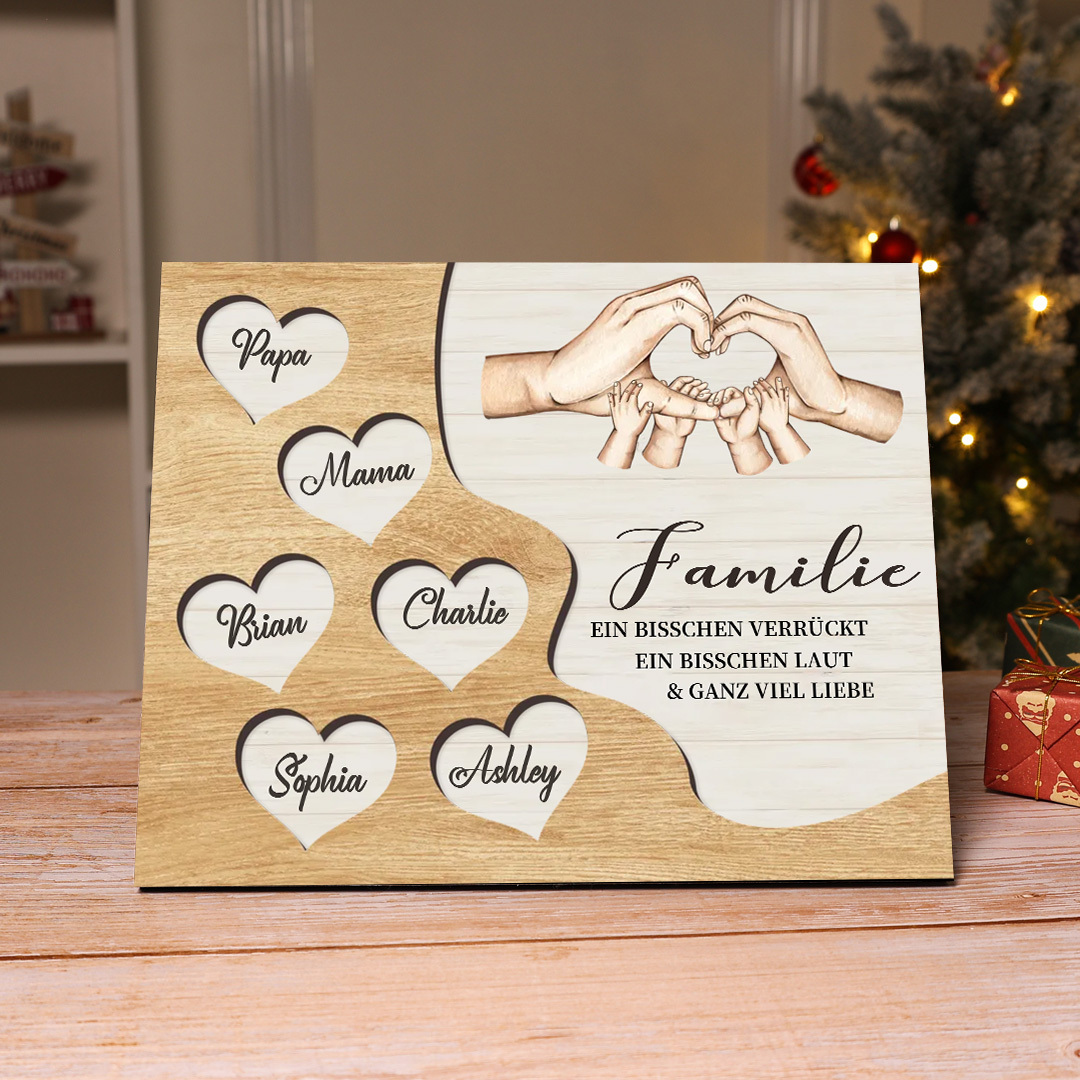 Familie Holzbild – Personalisierte 6 Namen Herzform Hand-Geste Holzdekoration Geschenk für Familie