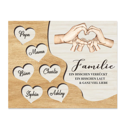 Familie Holzbild – Personalisierte 6 Namen Herzform Hand-Geste Holzdekoration Geschenk für Familie